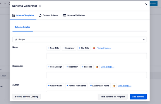 Enter schema details of your recipe