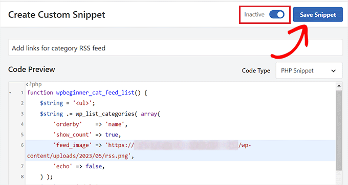 Save the code snippet for adding RSS feed links to categories