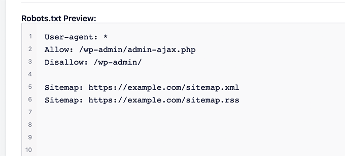 Robots.txt file preview in All in One SEO