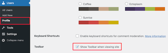 Show toolbar in user profile