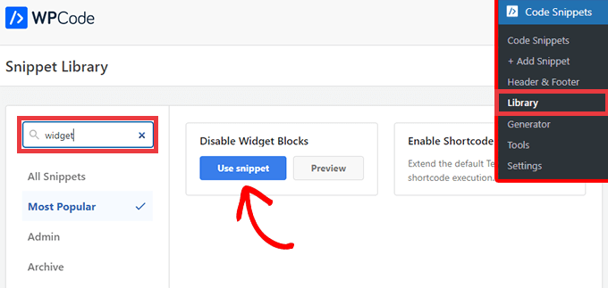 قطعه Disable Widget Blocks را از کتابخانه WPCode انتخاب کنید
