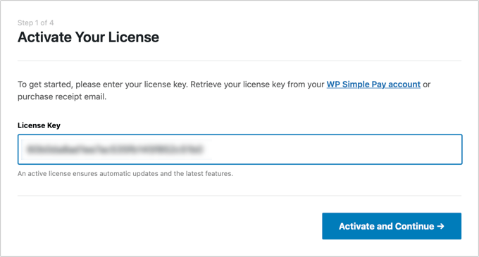 Anda akan diminta untuk memasukkan kunci lisensi WP Simple Pay Anda