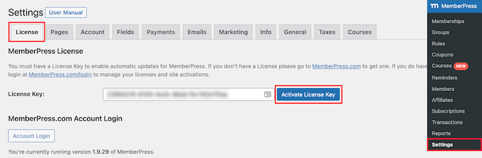 Активируйте лицензионный ключ MemberPress