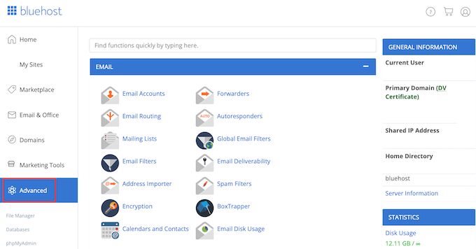 The Bluehost cPanel dashboard