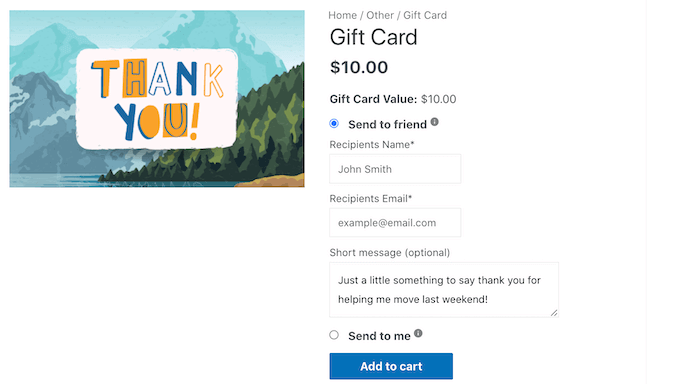 A gift card created using Advanced Gift Cards for WooCommerce