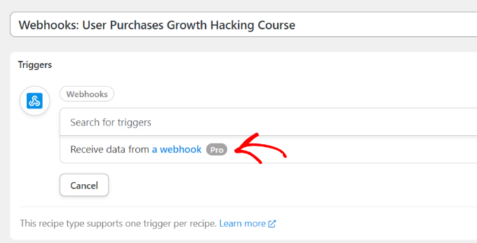 Select receive data from a webhook