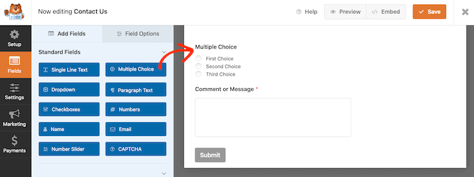 The WPForms 'multiple choice' field