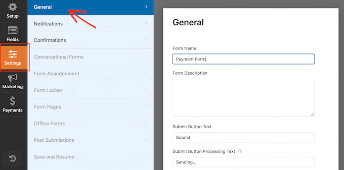 Editing the WPForms settings