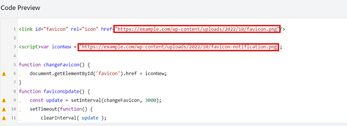 Вставьте HTML-код и удалите ссылки на изображение фавикона из примера