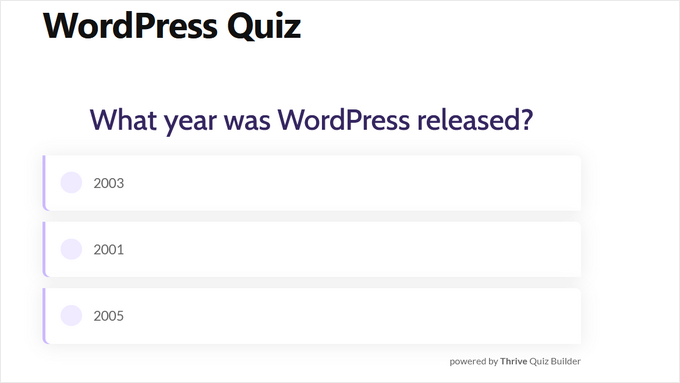 Live quiz in WordPress example