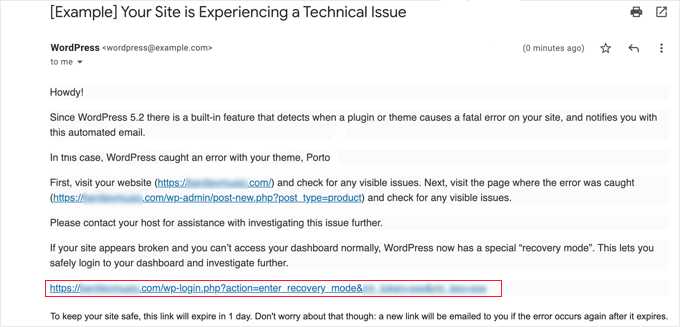 ایمیل از وردپرس در مورد مشکل فنی در سایت شما