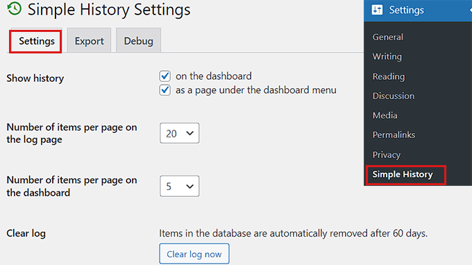 Go to Simple history settings from the dashboard