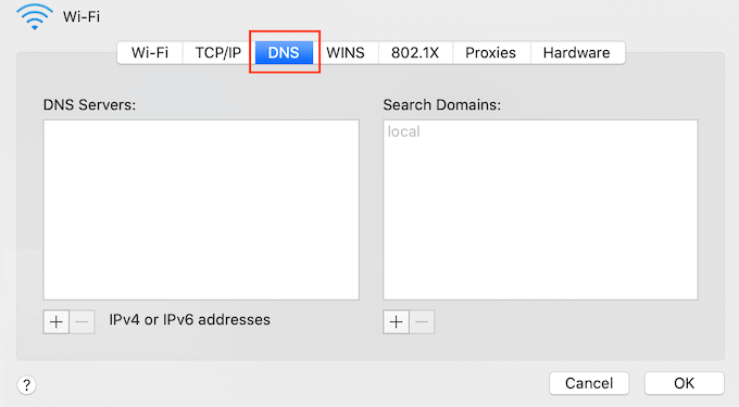 DNS seçeneğini seçin ve + düğmesine tıklayın