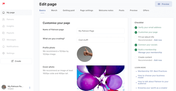 How to create a Patreon page using the built-in tools