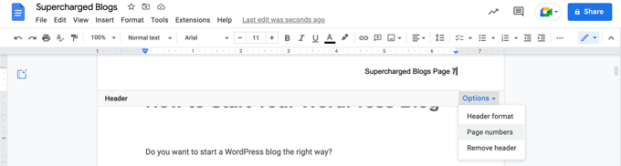 Adding Page Numbers to the Header in Google Docs