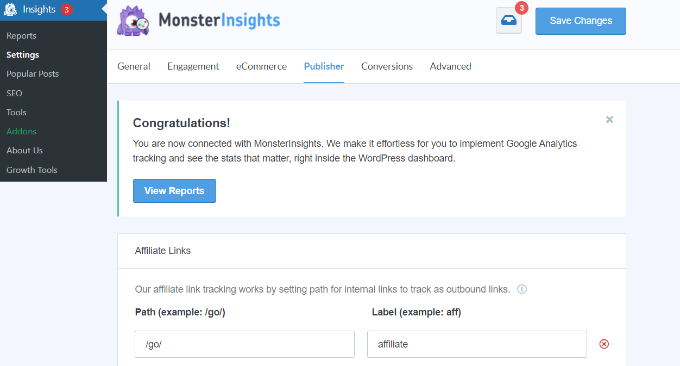 Publisher settings in MonsterInsights
