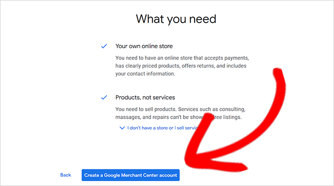 Click the Create Google Merchant Account button