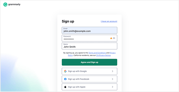 Grammarly sign up page