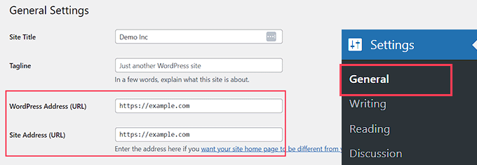 Inspect your WordPress and website address from the WordPress admin