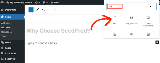 Adding a List block to a WordPress page or post