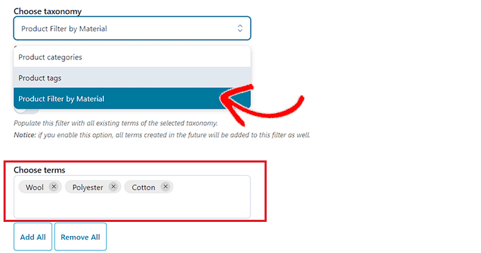 Select the customized quality filter and include its terms