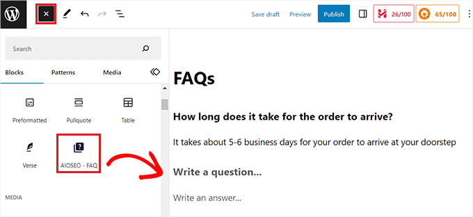 Add the AIOSEO FAQs block in your block editor