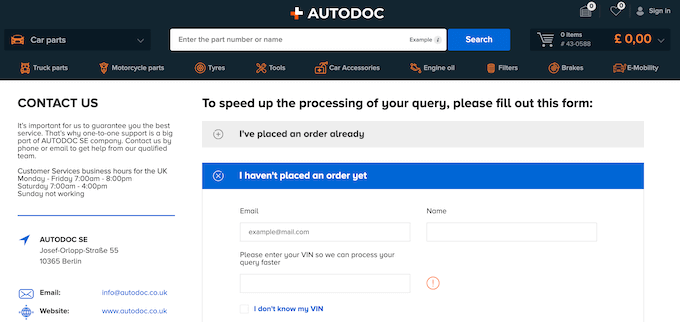 An example of a contact form, on a car parts website