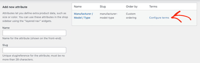 Configuring terms for a variable product