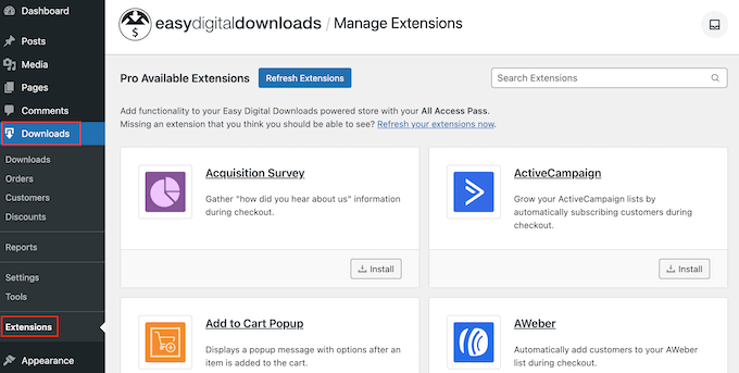 Installing Easy Digital Downloads extensions