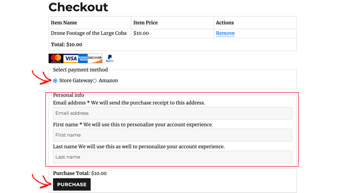 Select Store Gateway Then Click the Purchase Button on the Checkout Page